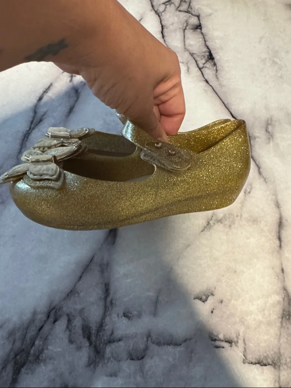 Mini Melissa Girls' Gold Glitter Butterfly Mary Jane Flats